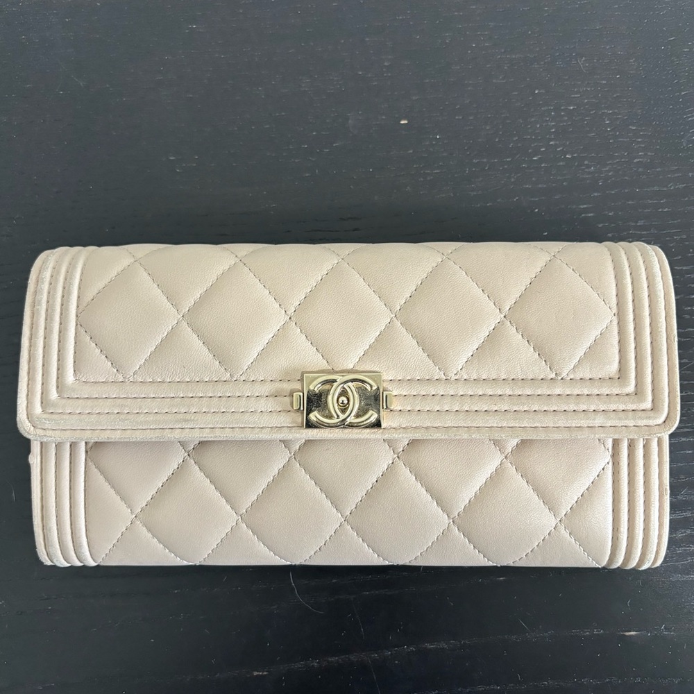 Chanel quilted lamb skin boy wallet in beige